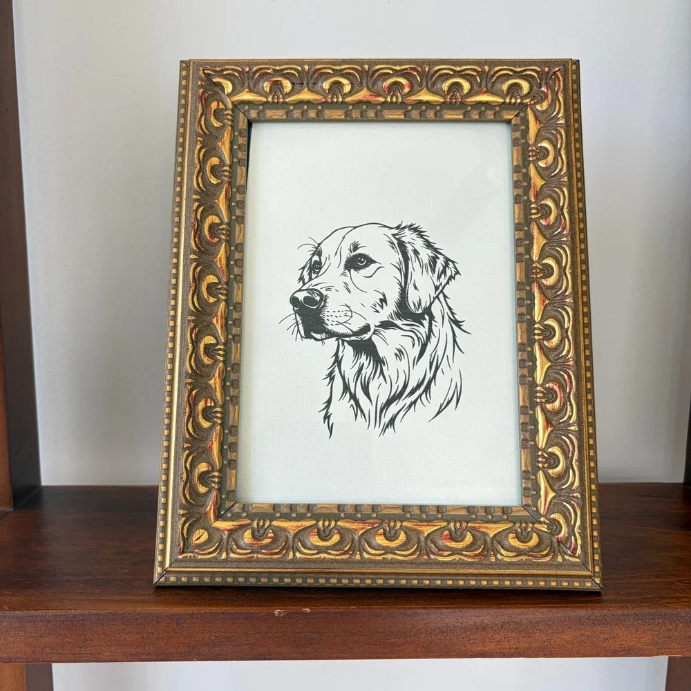 Vintage Ornate Gold Picture Frame with Golden Retriever Dog Art 4x6 Portrait